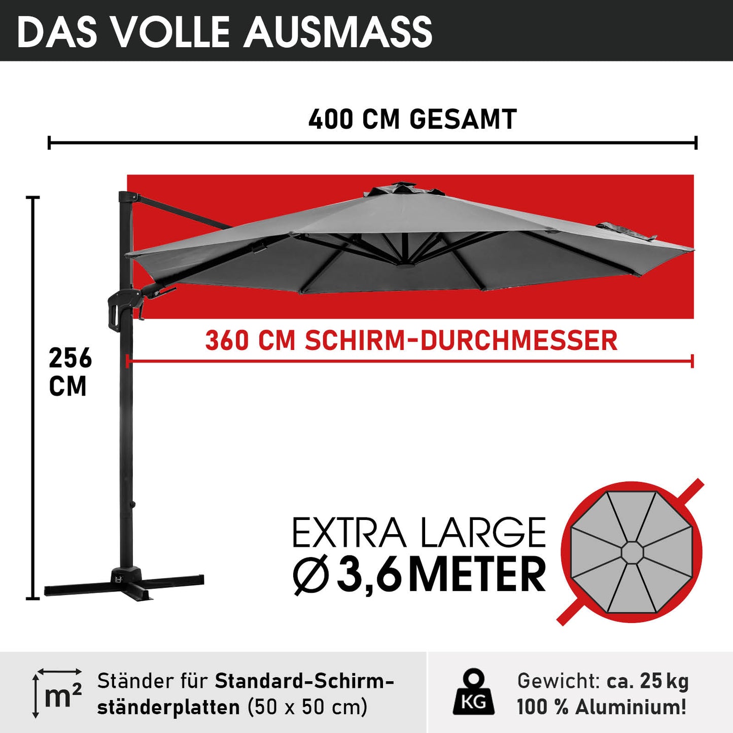 Alu Ampelschirm 360cm grau