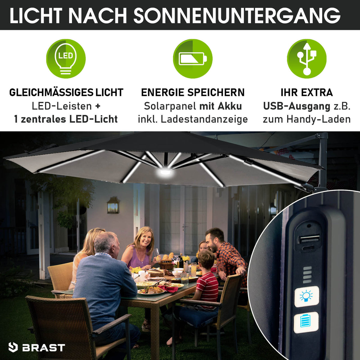 Alu Ampelschirm 360cm grau mit LED-Beleuchtung