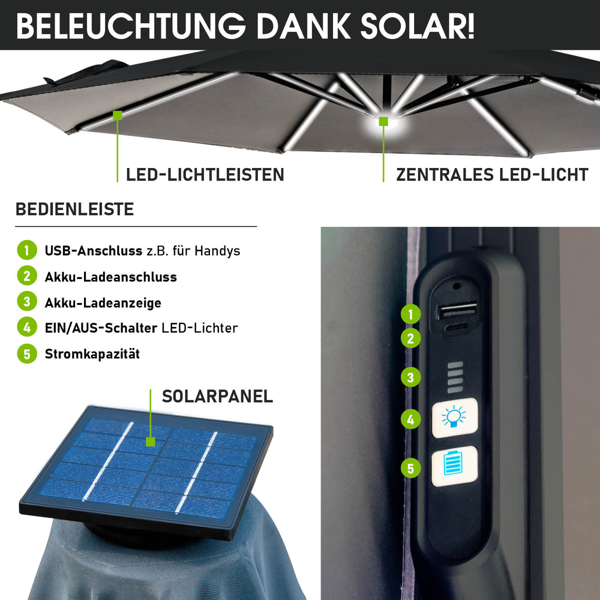 Alu Ampelschirm 360cm grau mit LED-Beleuchtung