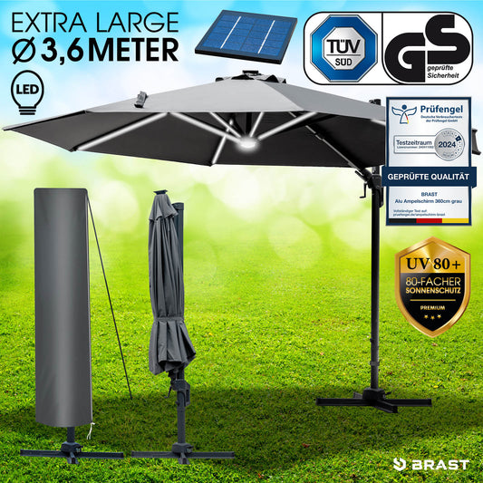 Alu Ampelschirm 360cm grau mit LED-Beleuchtung