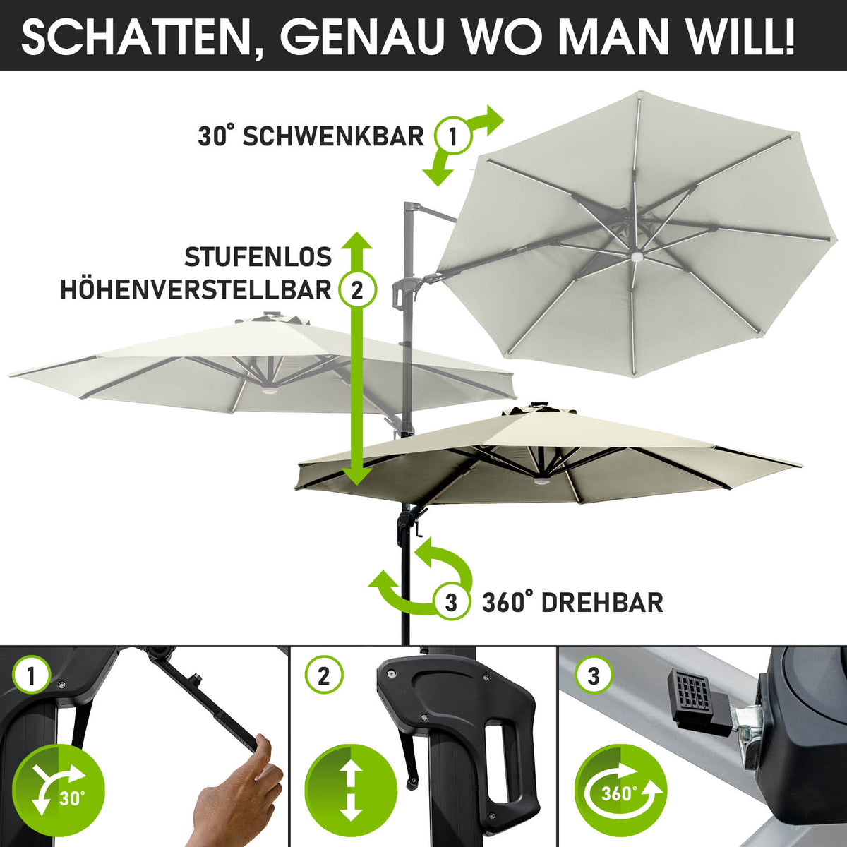 Alu Ampelschirm 360cm beige mit LED-Beleuchtung