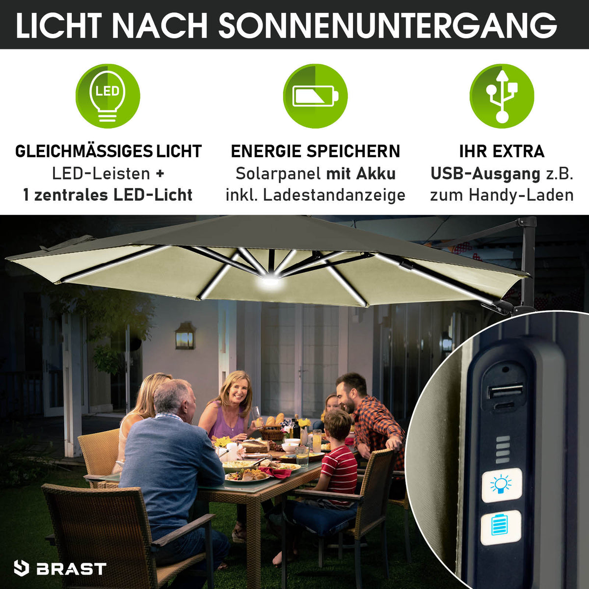 Alu Ampelschirm 360cm beige mit LED-Beleuchtung