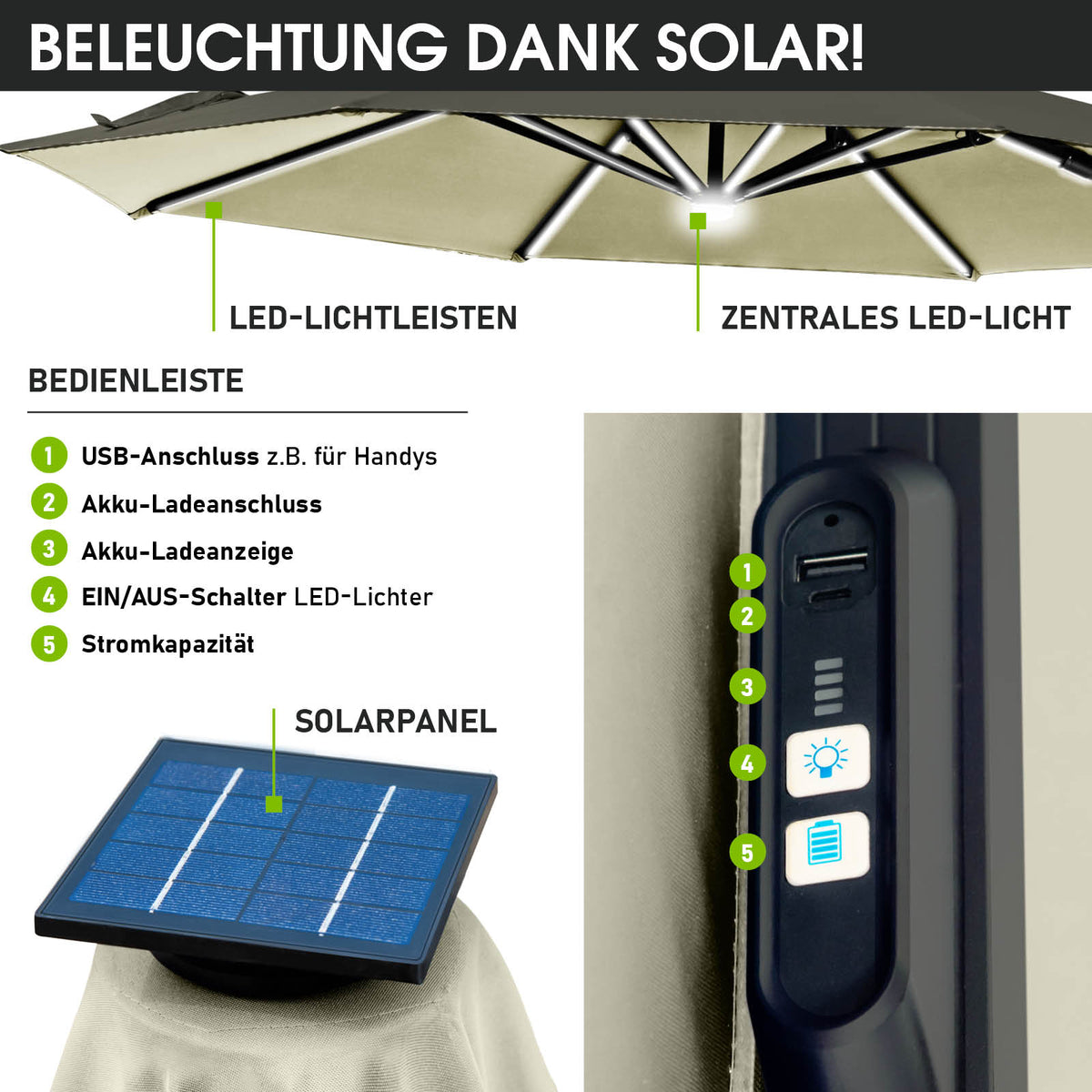Alu Ampelschirm 360cm beige mit LED-Beleuchtung