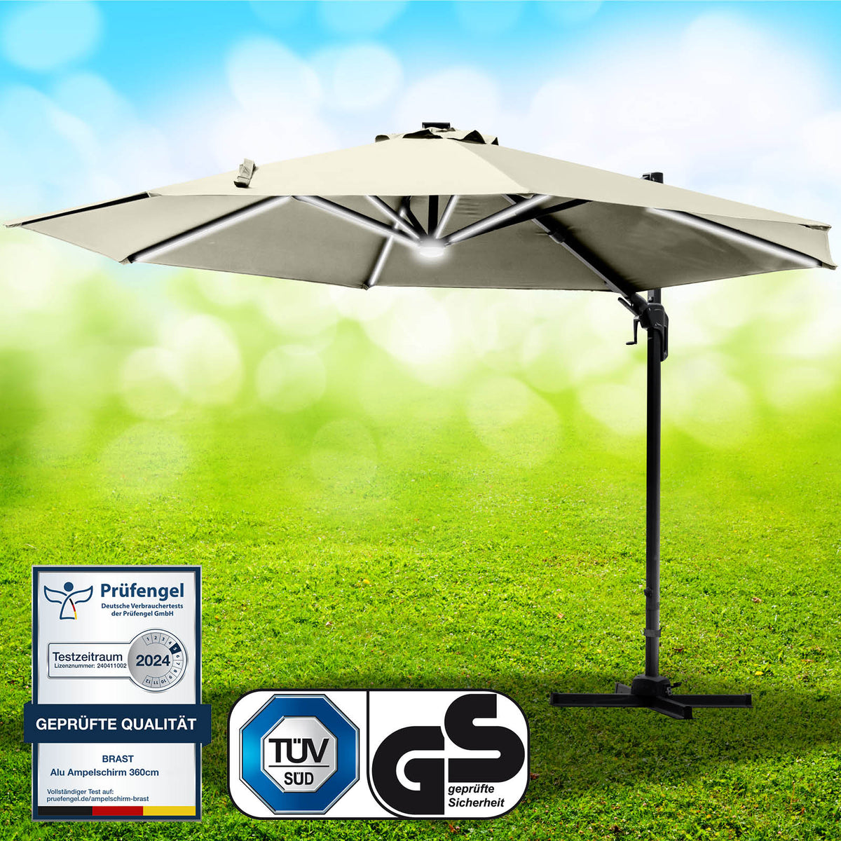 Alu Ampelschirm 360cm beige mit LED-Beleuchtung