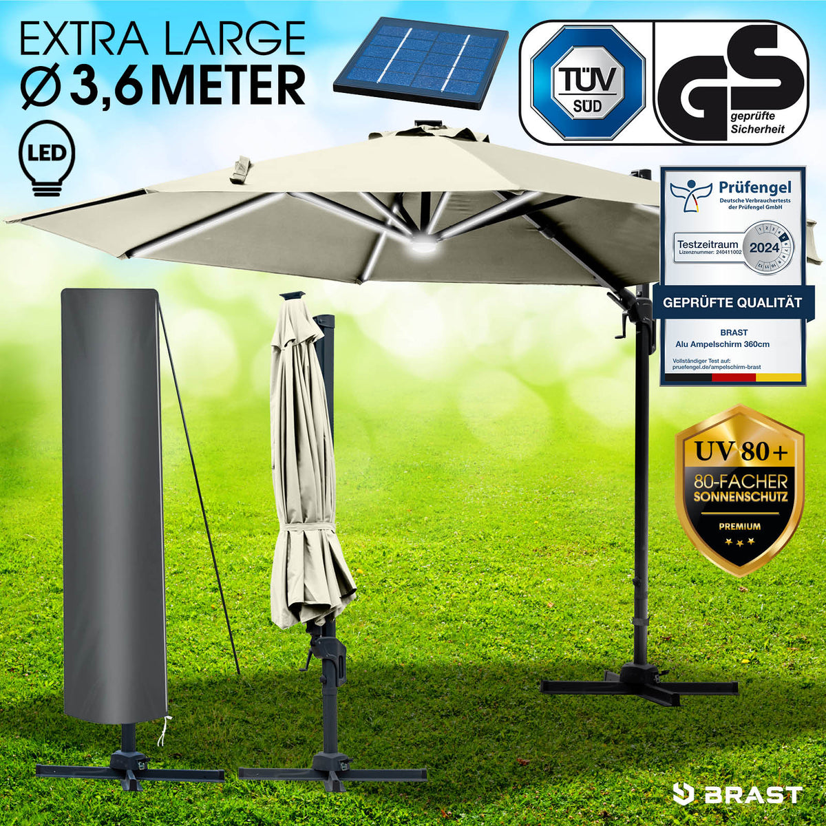 Alu Ampelschirm 360cm beige mit LED-Beleuchtung