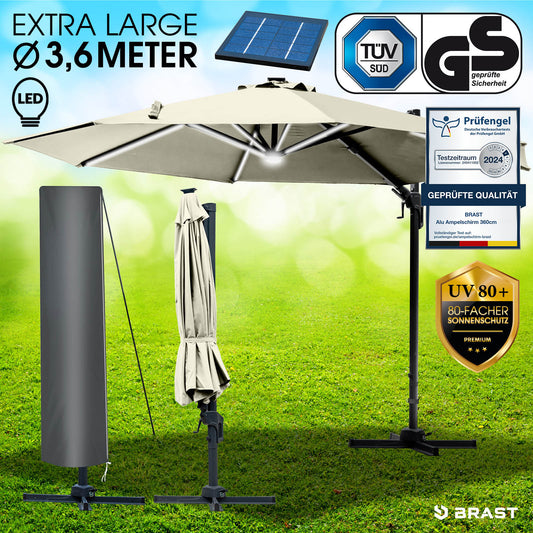 Alu Ampelschirm 360cm beige mit LED-Beleuchtung