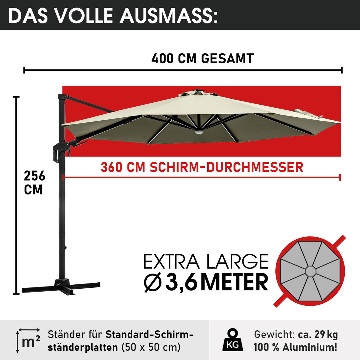 Alu Ampelschirm 360cm beige mit LED-Beleuchtung