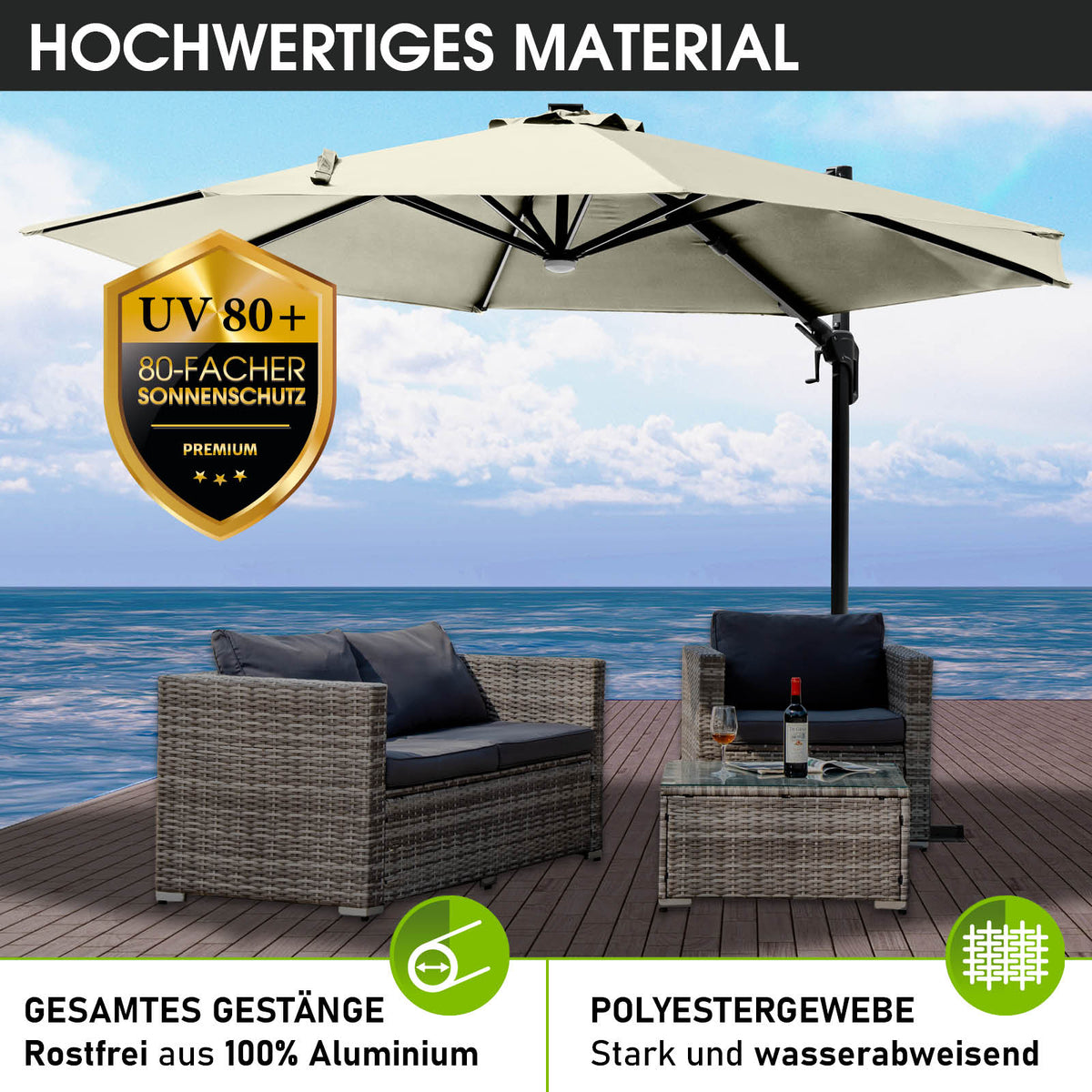 Alu Ampelschirm 360cm beige mit LED-Beleuchtung