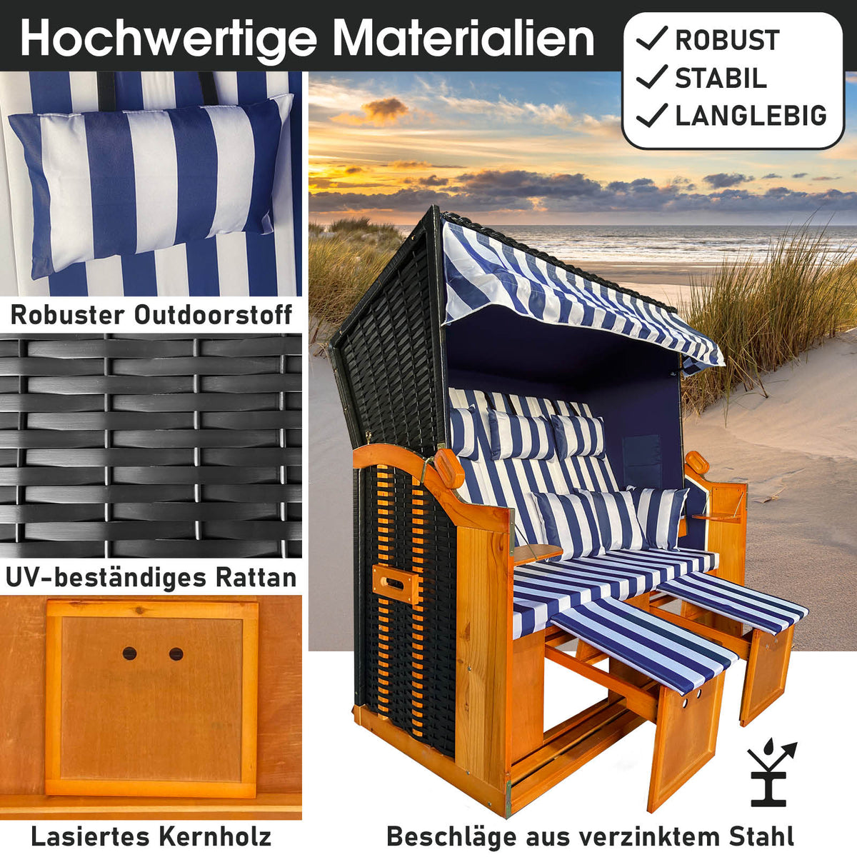 XL Strandkorb 3-Sitzer OSTSEE blau/weiß gestreift