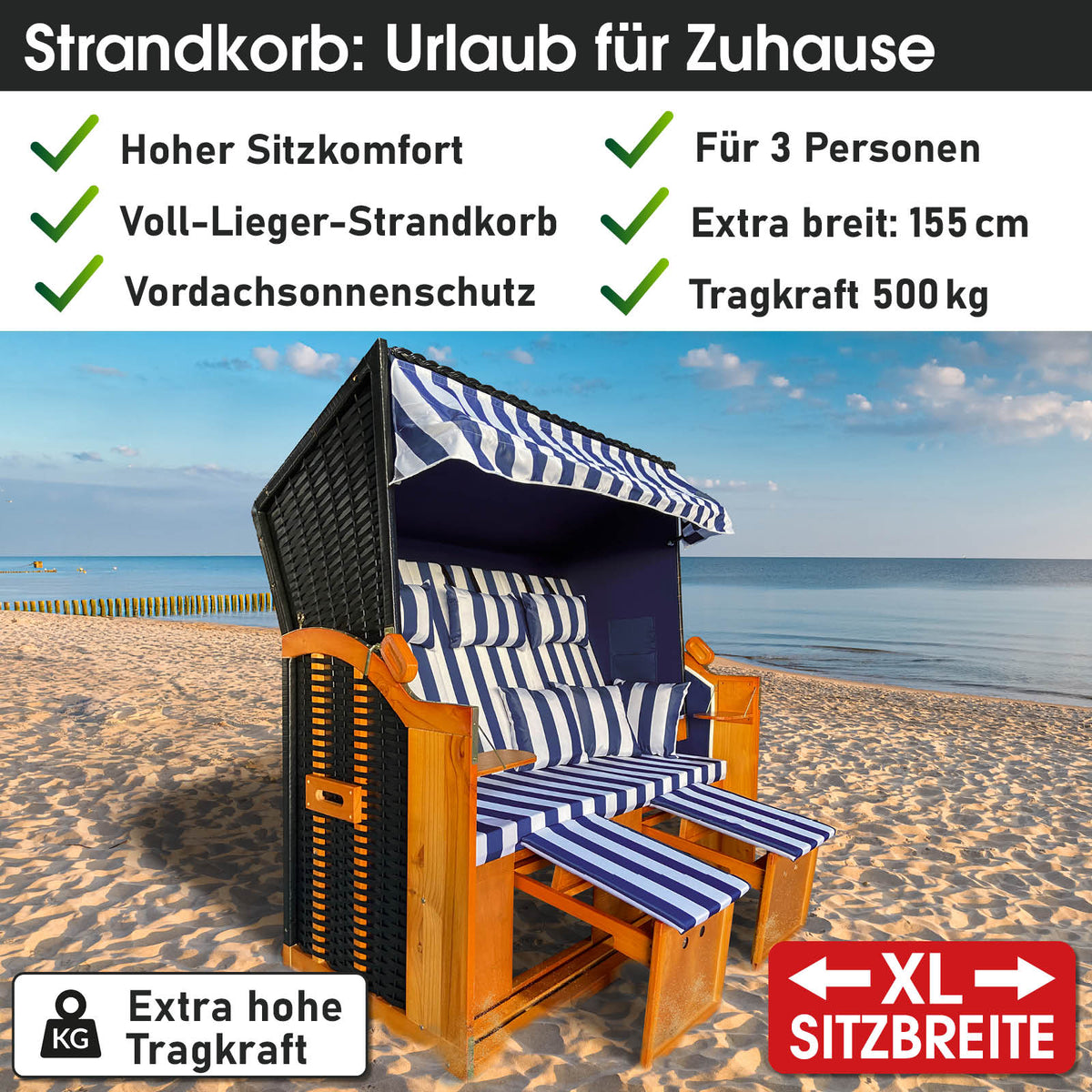 XL Strandkorb 3-Sitzer OSTSEE blau/weiß gestreift