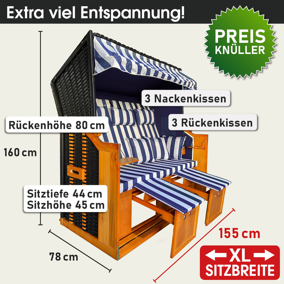 XL Strandkorb 3-Sitzer OSTSEE blau/weiß gestreift