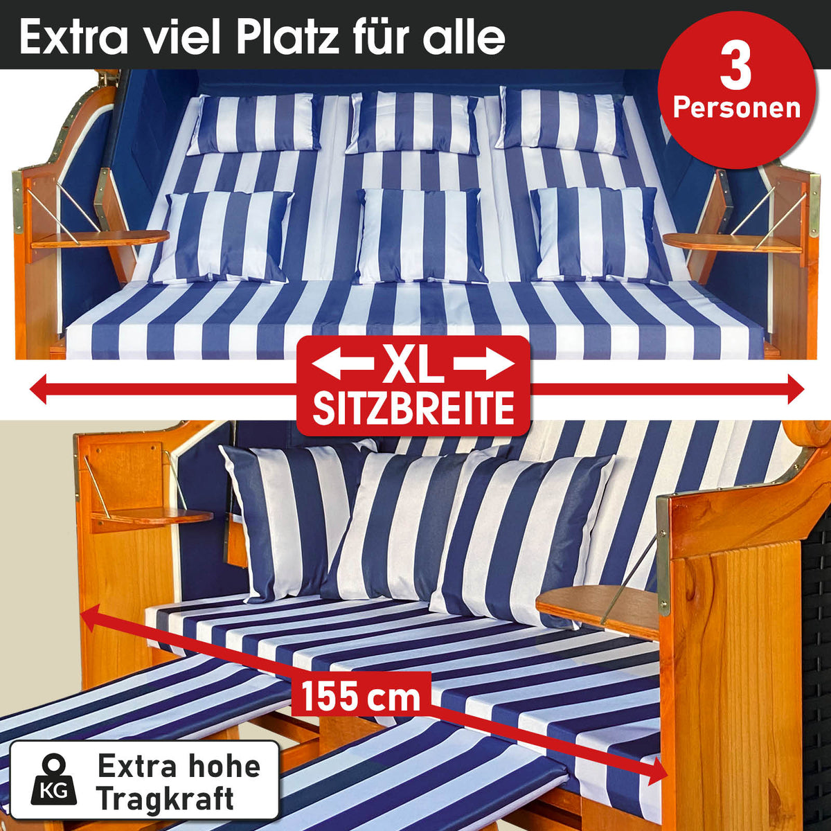 XL Strandkorb 3-Sitzer OSTSEE blau/weiß gestreift