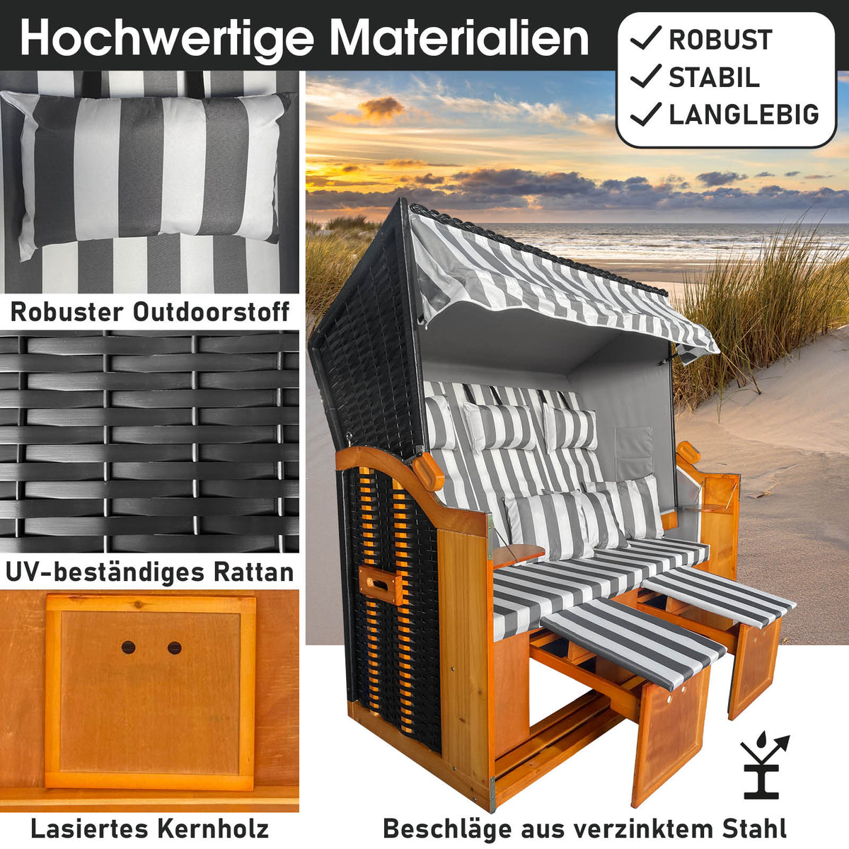 XL Strandkorb 3-Sitzer OSTSEE grau/weiß gestreift
