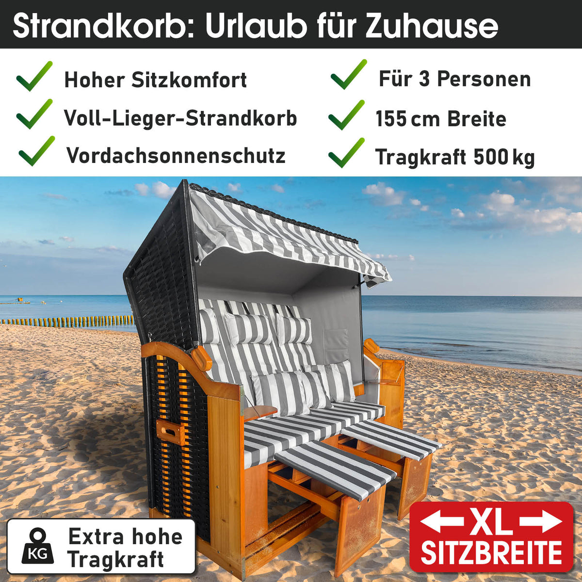 XL Strandkorb 3-Sitzer OSTSEE grau/weiß gestreift