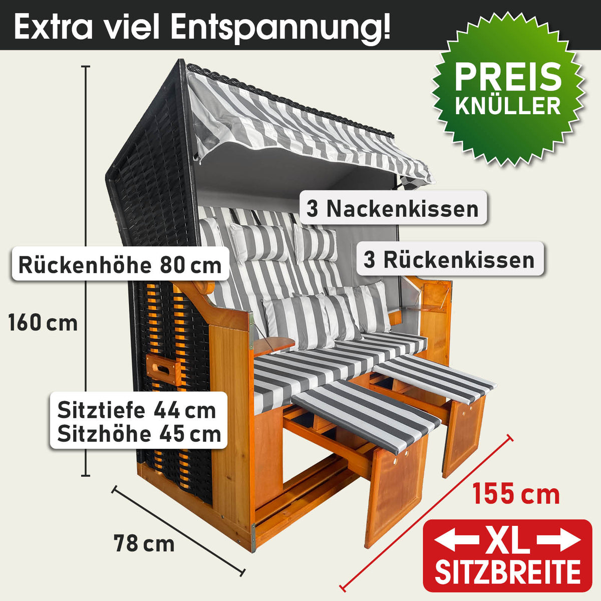 XL Strandkorb 3-Sitzer OSTSEE grau/weiß gestreift