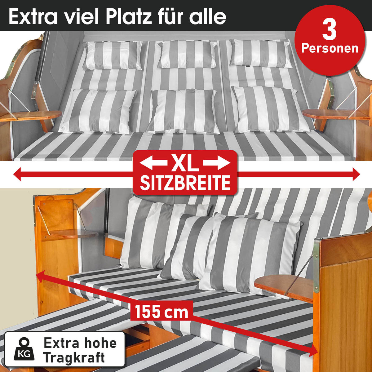 XL Strandkorb 3-Sitzer OSTSEE grau/weiß gestreift