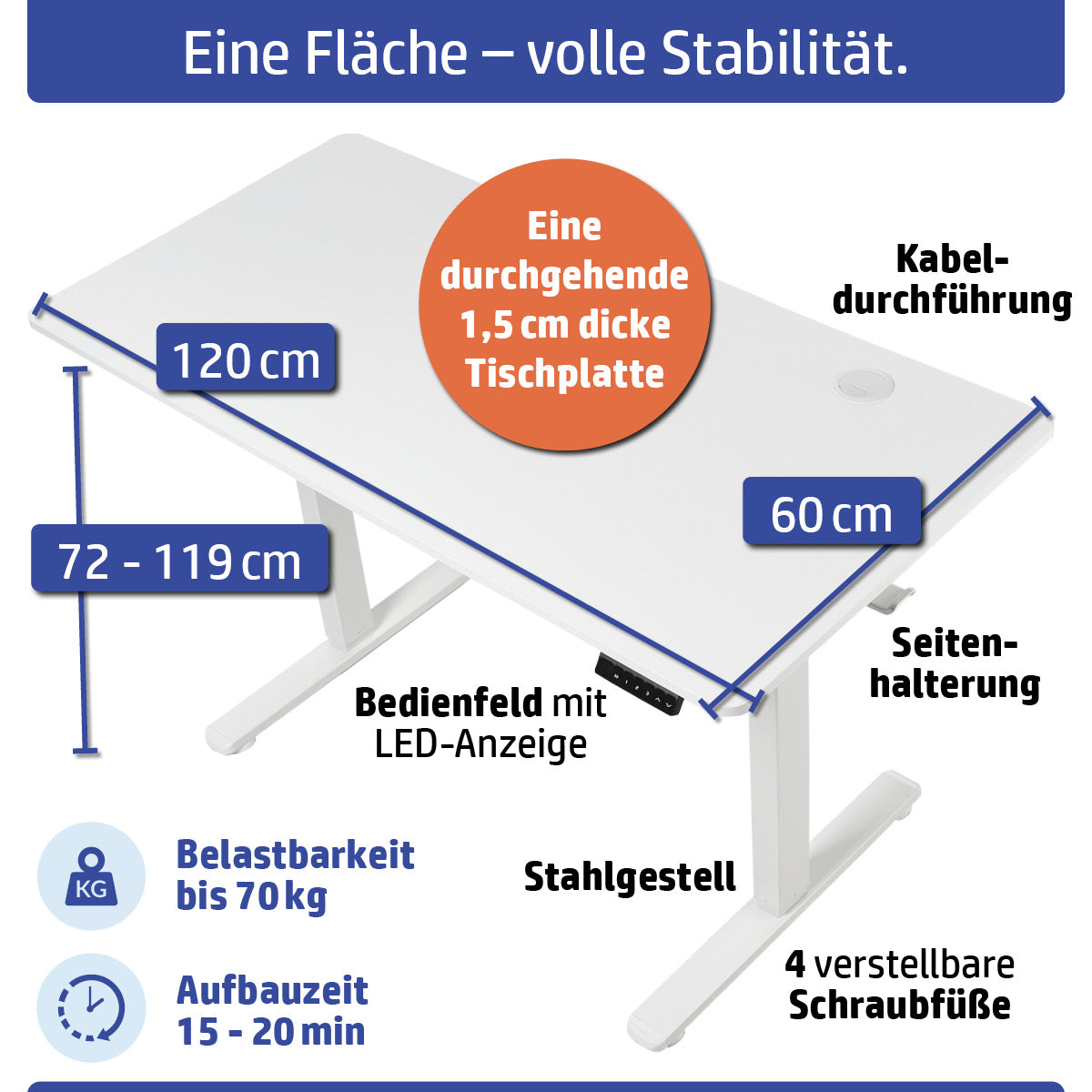 Ambiness höhenverstellbarer Schreibtisch FlexxPro 120x60 weiß
