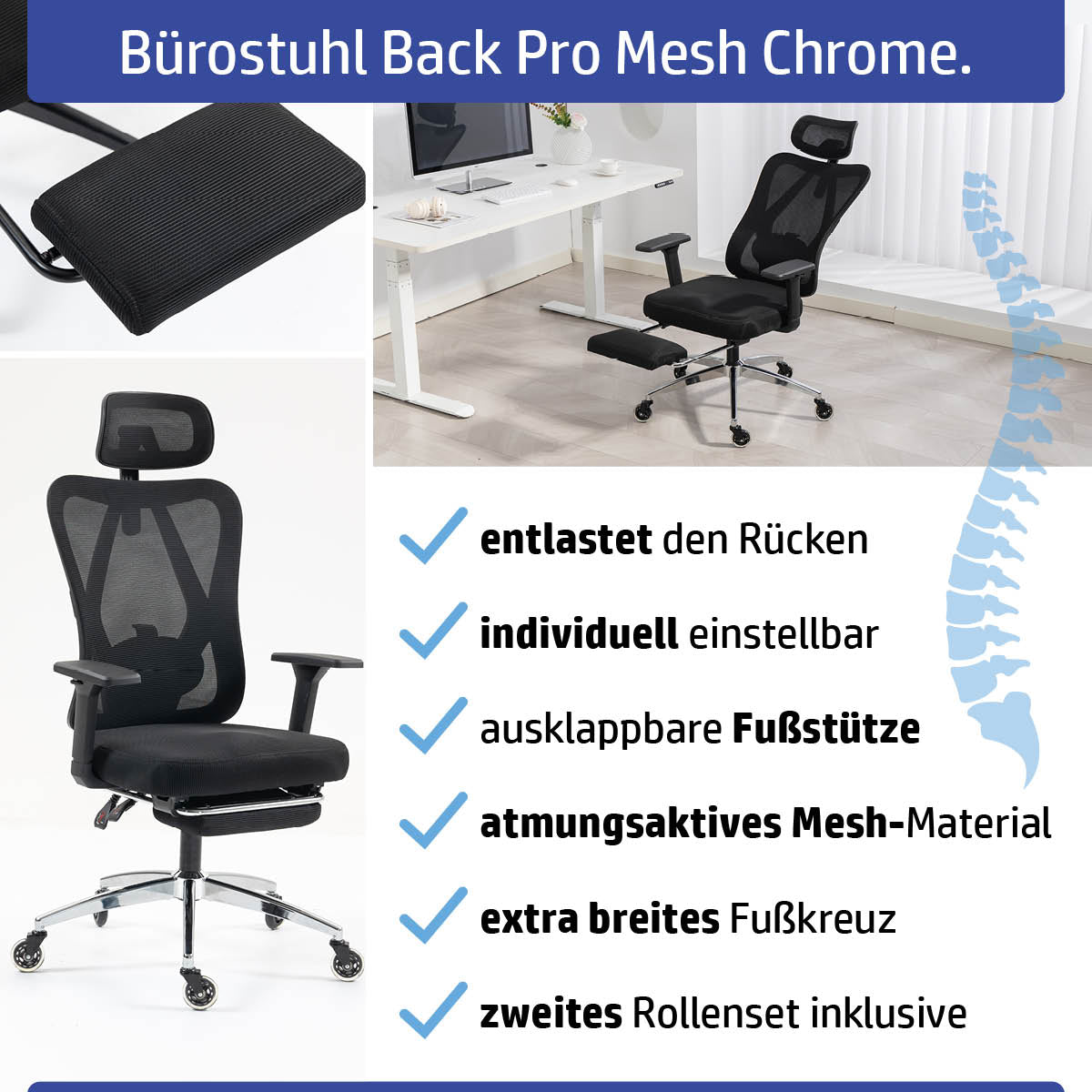 Ambiness Bürostuhl BackPro Polster chrome