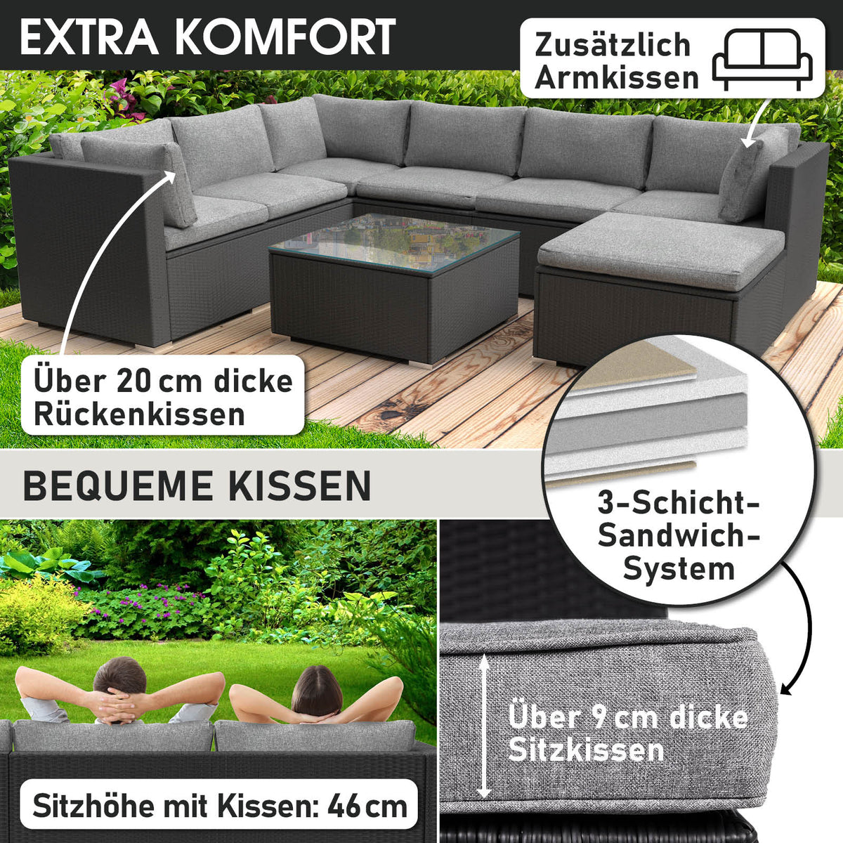 Polyrattan Gartenmöbelset LUXUS schwarz