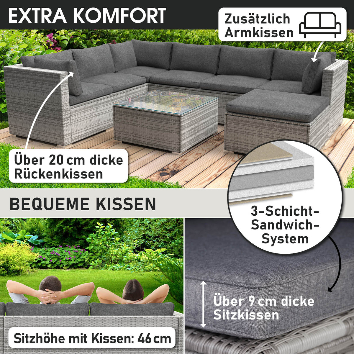 Polyrattan Gartenmöbelset LUXUS grau