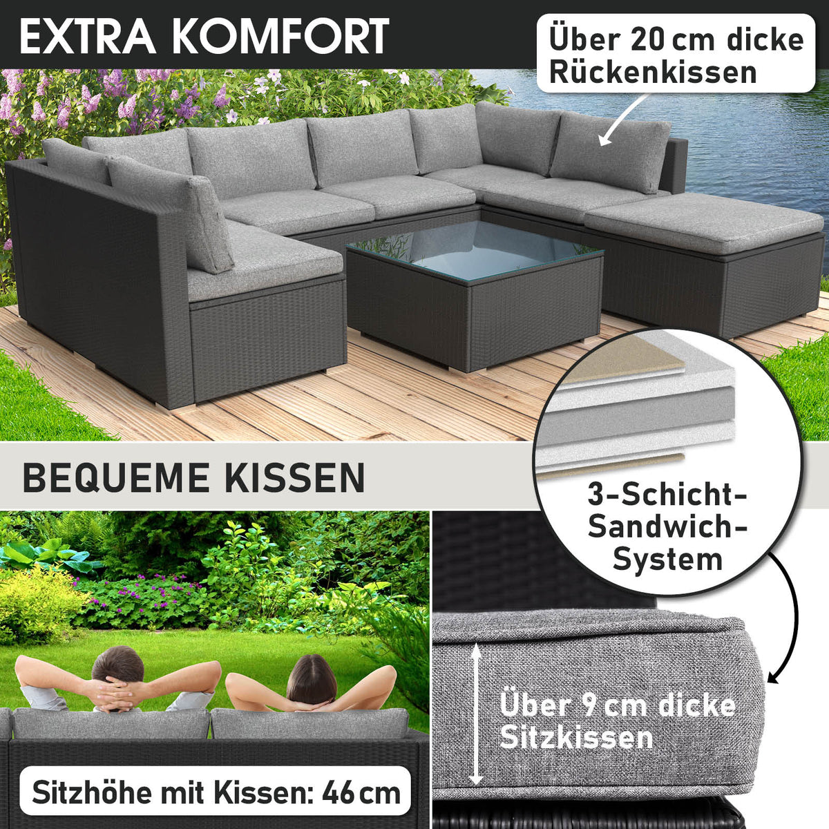 Polyrattan Gartenmöbelset SUNSHINE schwarz