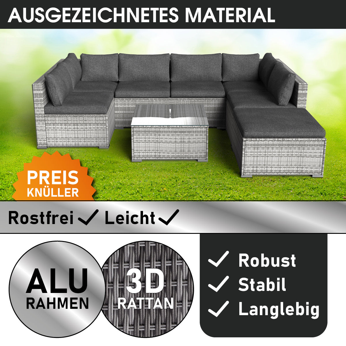 Polyrattan Gartenmöbelset SUNSHINE grau