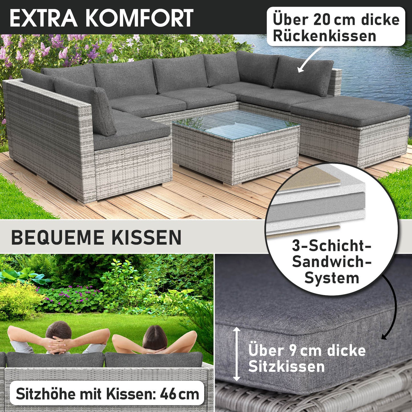 Polyrattan Gartenmöbelset SUNSHINE grau