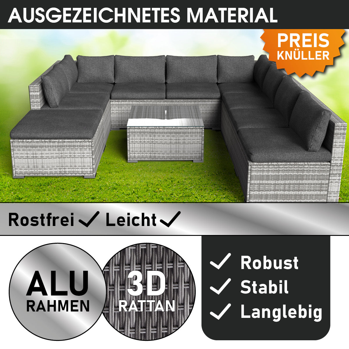 Polyrattan Gartenmöbelset PARADISE grau