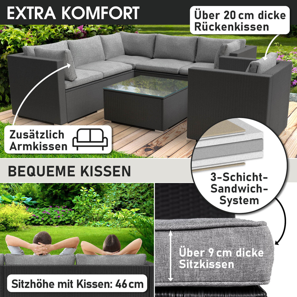 Polyrattan Gartenmöbelset HARMONY schwarz