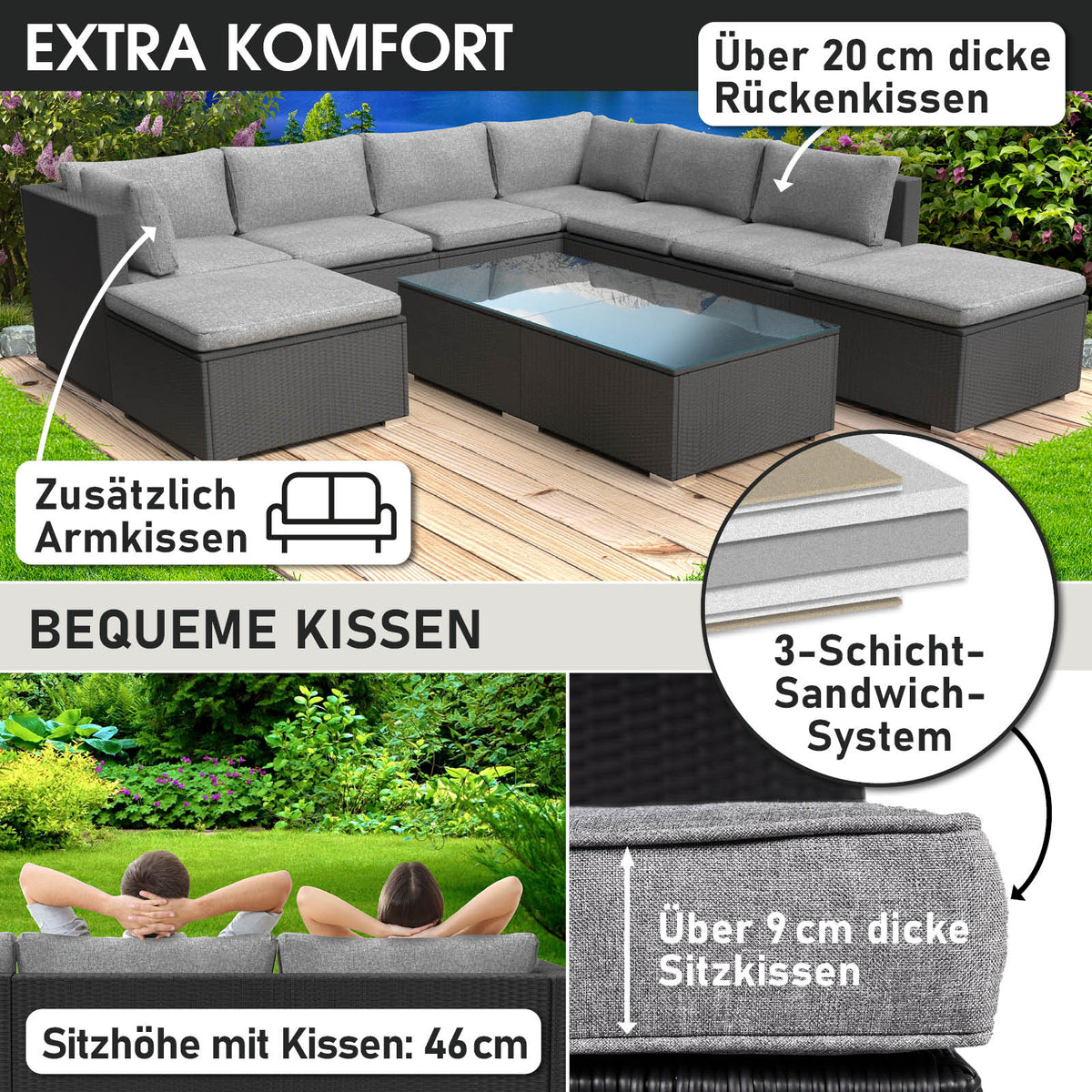 Polyrattan Gartenmöbelset WELLNESS schwarz