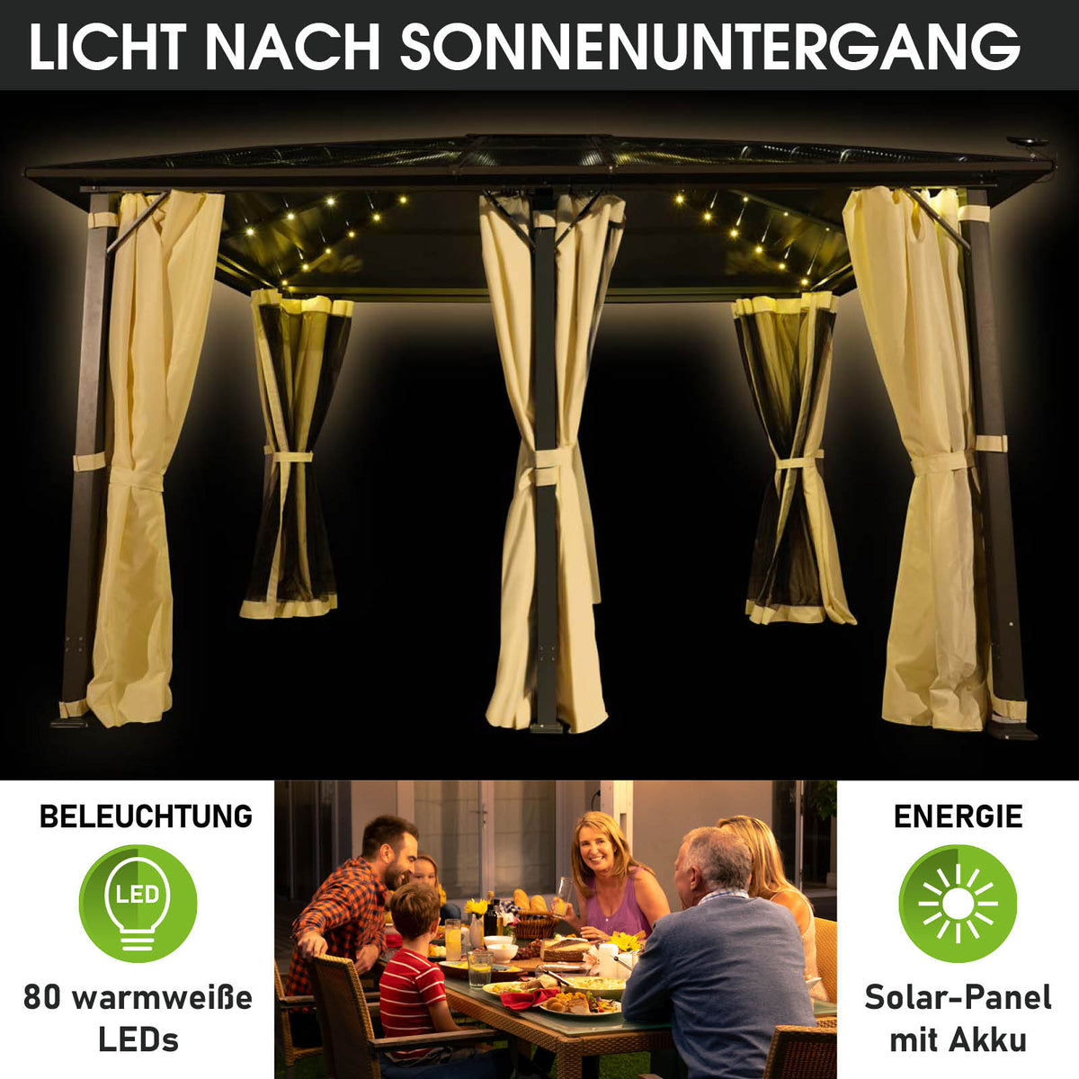 Alu-Pavillon Premium 3,6x4,8m beige inkl. LEDs