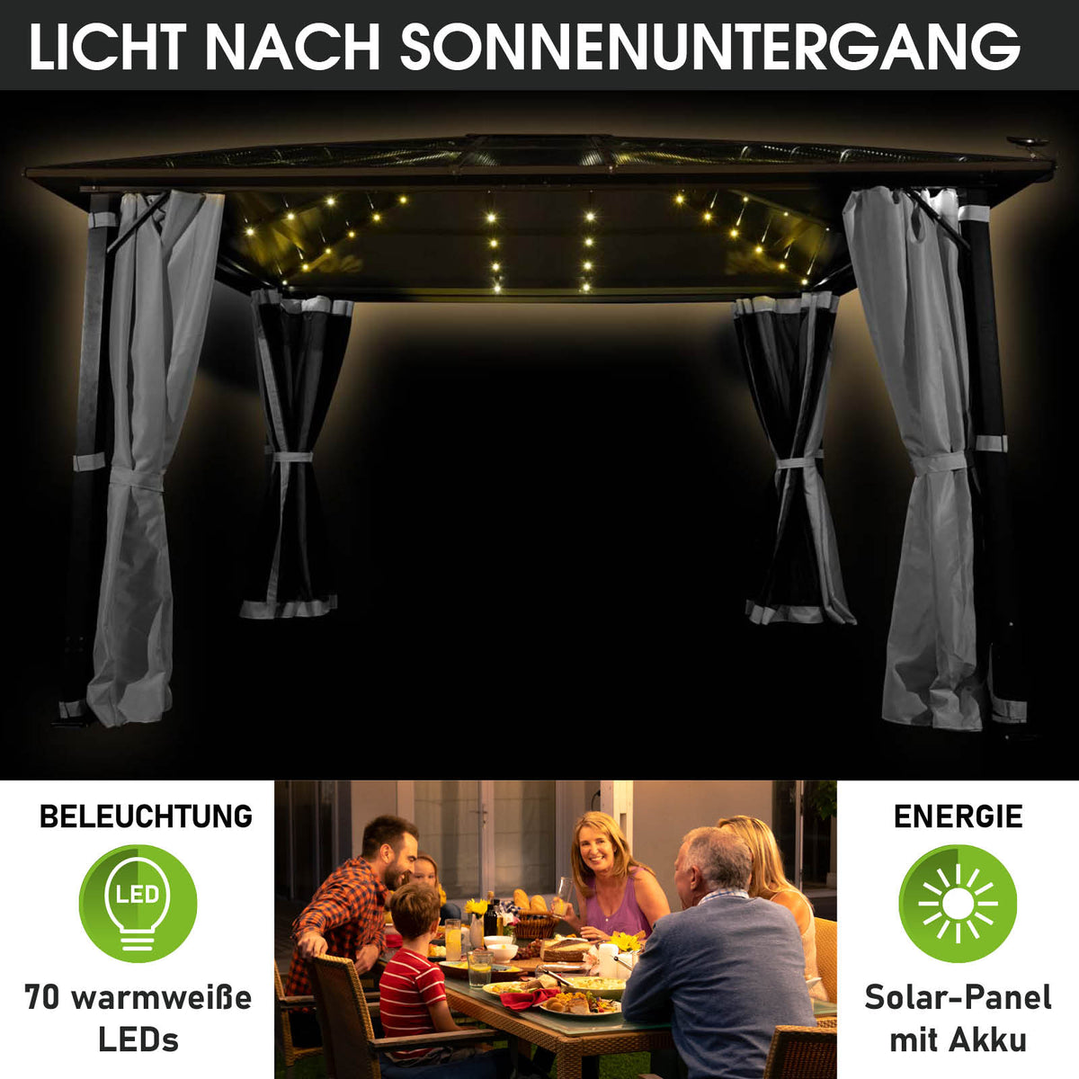 Alu-Pavillon Premium 3x4m grau inkl. LEDs