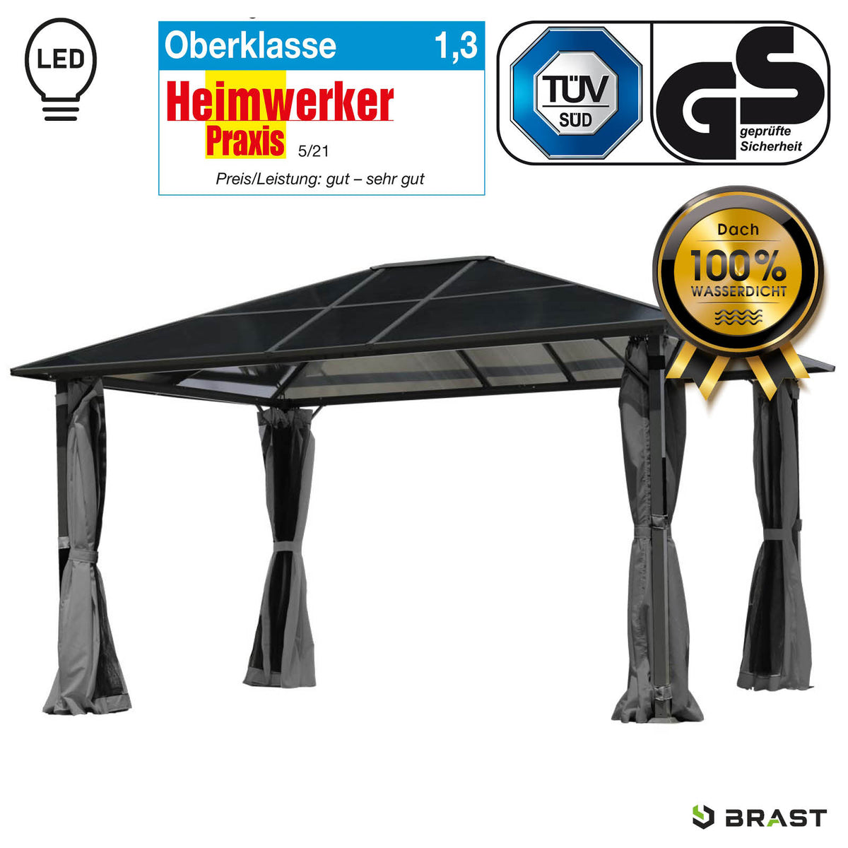 Alu-Pavillon Premium 3x4m grau inkl. LEDs