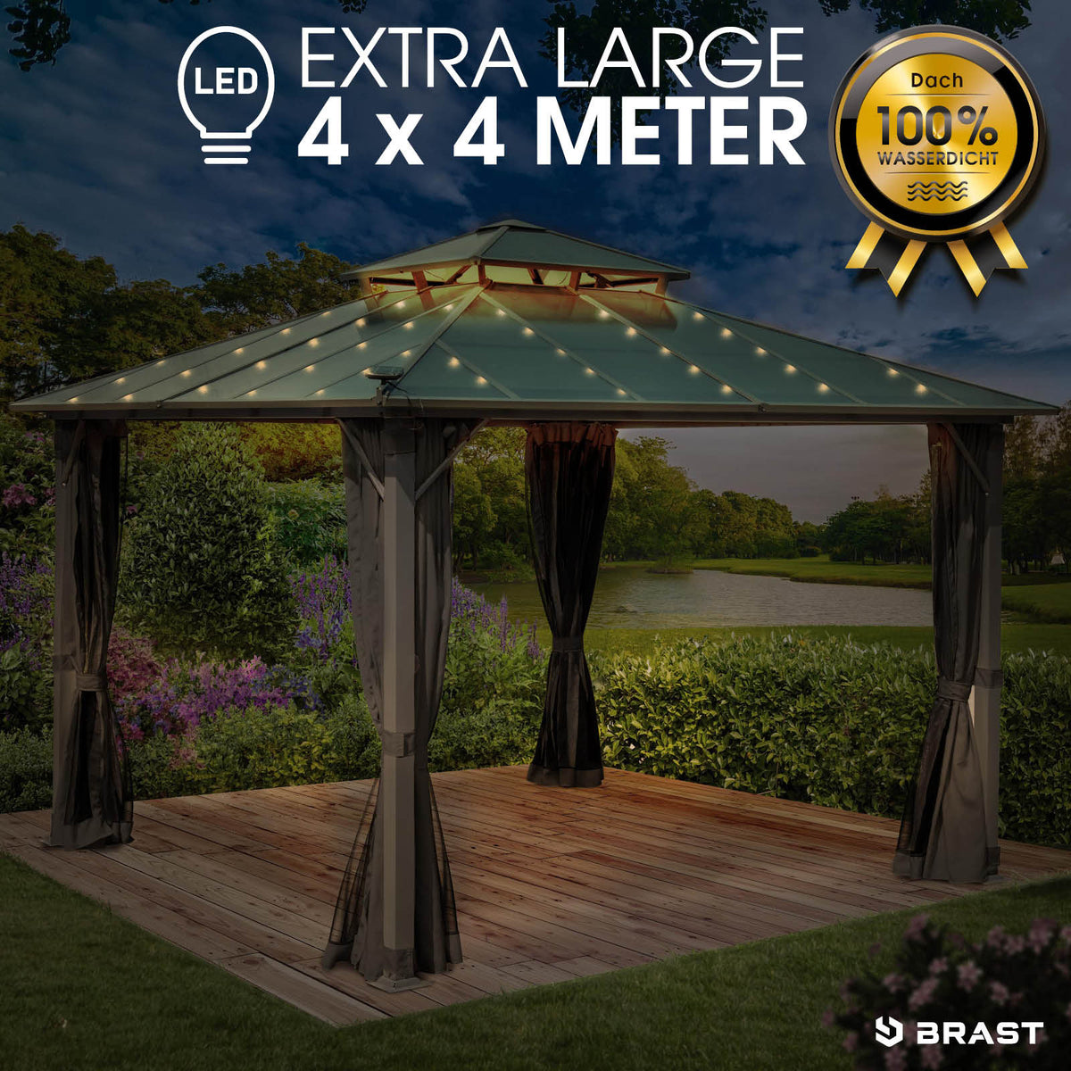 Alu Pavillon PAGODE 4x4m dunkelgrau mit Moskitonetz & LED-Beleuchtung