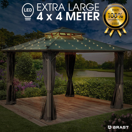 Alu Pavillon PAGODE 4x4m dunkelgrau mit Moskitonetz & LED-Beleuchtung