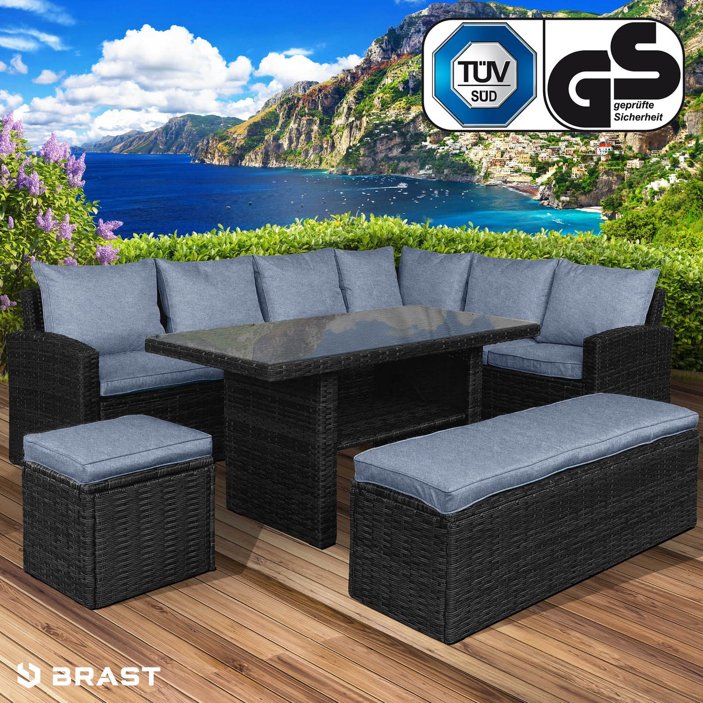 Polyrattan Sofa Essgruppe ECO schwarz/grau
