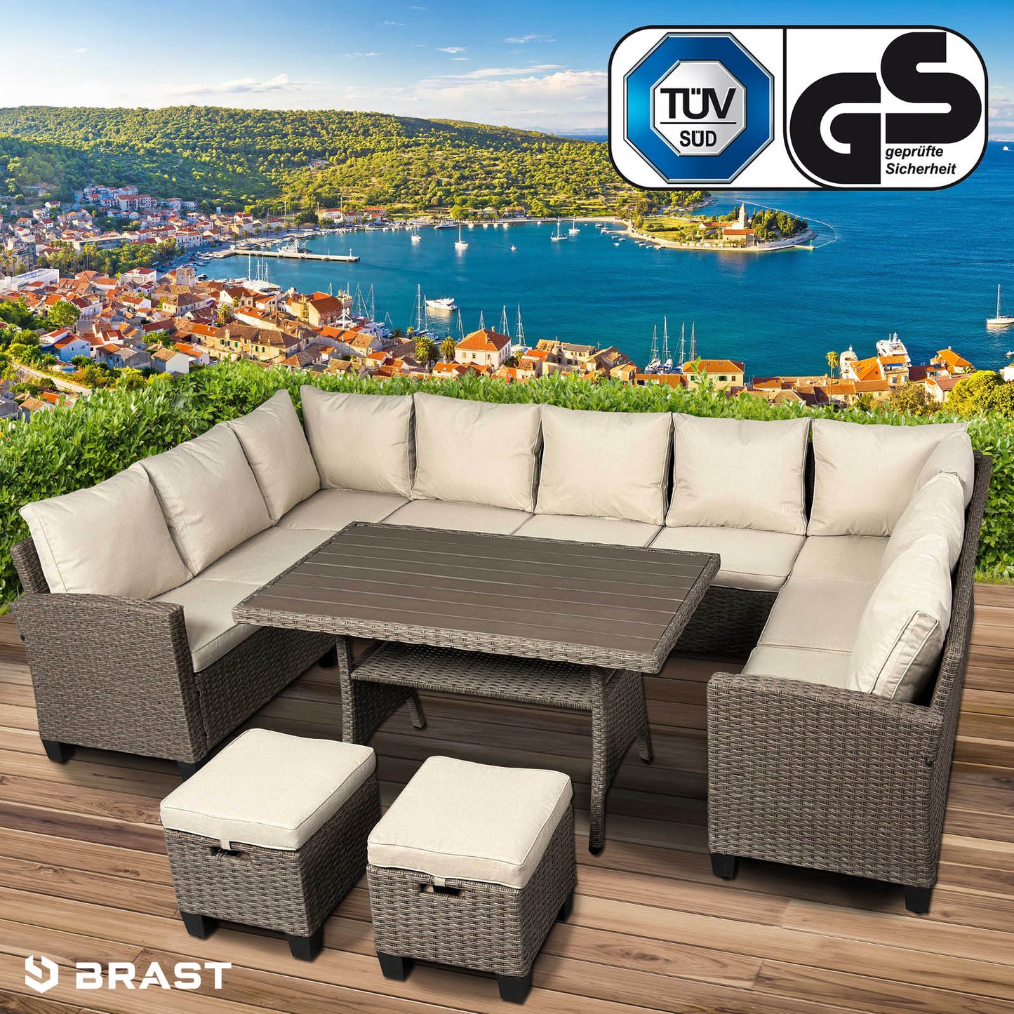 Polyrattan Sofa Essgruppe FAMILY braun/beige