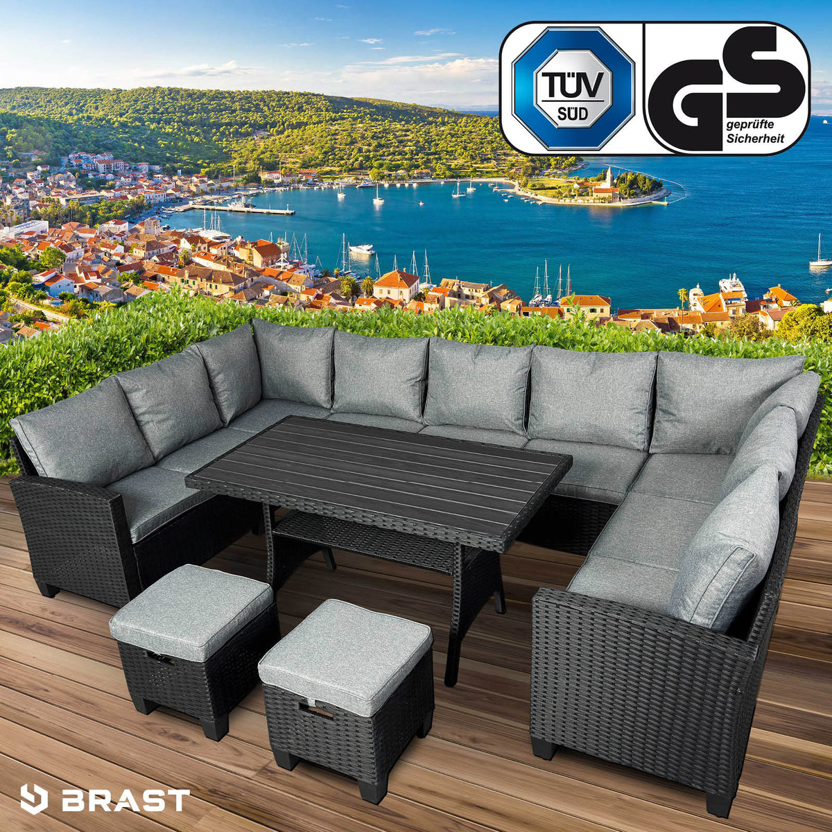 Polyrattan Sofa Essgruppe FAMILY schwarz/grau